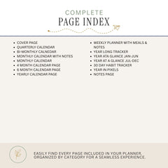 A digital preview of a planner's complete page index, showing a list of included pages such as monthly, quarterly, and yearly calendars, a 30-day habit tracker, and notes page, on a light beige background.