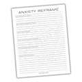 Sheet of paper titled 'Anxiety Reframe' with printed text on a white background