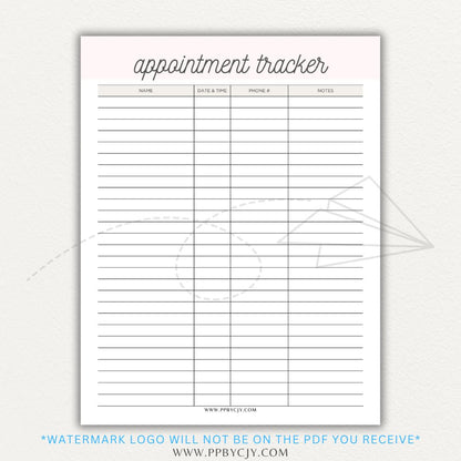 Appointment Calendar Tracker Printable PDF Template for Organizing Dates and Times
