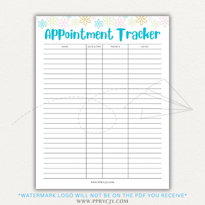 Appointment Calendar Tracker Printable PDF Template for Organizing Dates and Times