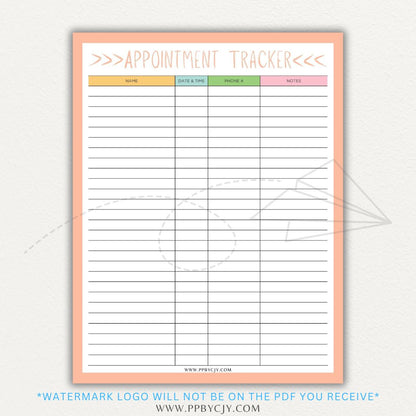 Appointment Calendar Tracker Printable PDF Template for Organizing Dates and Times