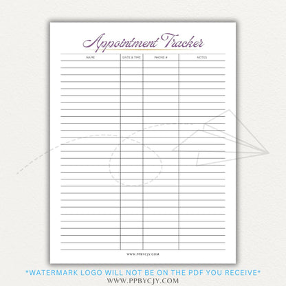 Appointment Calendar Tracker Printable PDF Template for Organizing Dates and Times