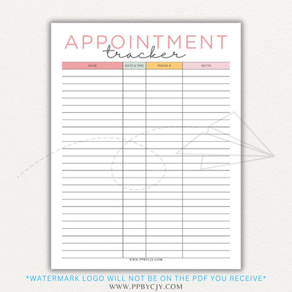 Appointment Calendar Tracker Printable PDF Template for Organizing Dates and Times