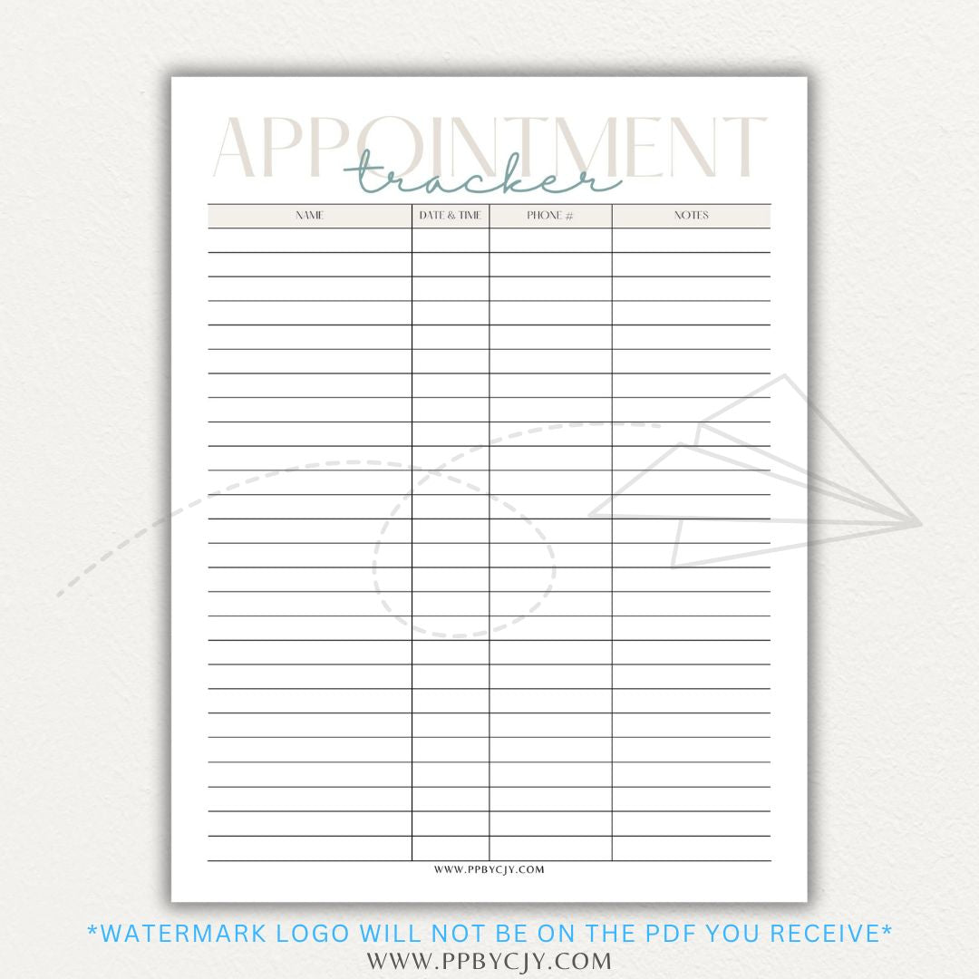 Appointment Calendar Tracker Printable PDF Template for Organizing Dates and Times