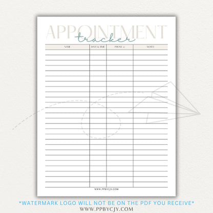 Appointment Calendar Tracker Printable PDF Template for Organizing Dates and Times