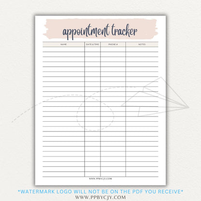 Appointment Calendar Tracker Printable PDF Template for Organizing Dates and Times