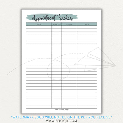Appointment Calendar Tracker Printable PDF Template for Organizing Dates and Times