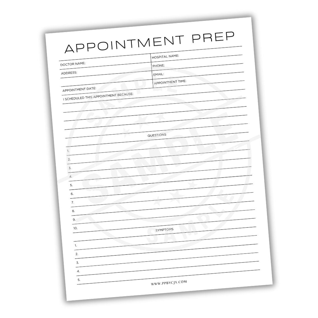 Appointment preparation sheet with fields for doctor name, hospital name, appointment details, and symptoms.