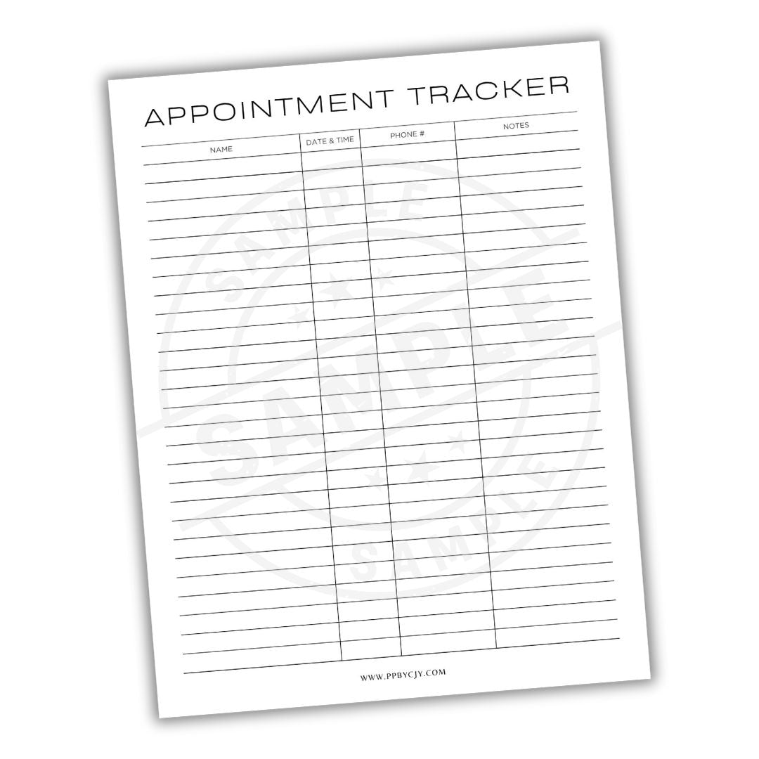 Appointment calendar tracker with columns for name, date and time, phone number, and notes on a white background.