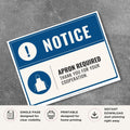 Printable Apron Required notice sign featuring a professional blue notice design, apron symbol, and workplace safety message requiring aprons in designated work areas.
