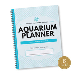 An aquarium tank care tracker planner with a spiral binding, featuring a light blue and white patterned cover with bold black text reading 'AQUARIUM PLANNER' and a gold circular badge indicating '15 PAGES'.