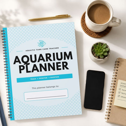 An 'Aquarium Tank Care Tracker' spiral-bound planner is displayed in a styled flat-lay arrangement on a white desk alongside a coffee cup, a smartphone, a small succulent, and another notebook.