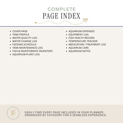 A page index cover for a planner or aquarium care guide, with the title 'COMPLETE PAGE INDEX' at the top and a bulleted list of included pages such as cover page, tank profile, water quality log, feeding schedule, equipment log, fish health record, medication/treatment log, aquarium care, aquarium plant log, and aquarium expenses. The design is mostly white and light beige with dark gray text and a small green leaf icon.