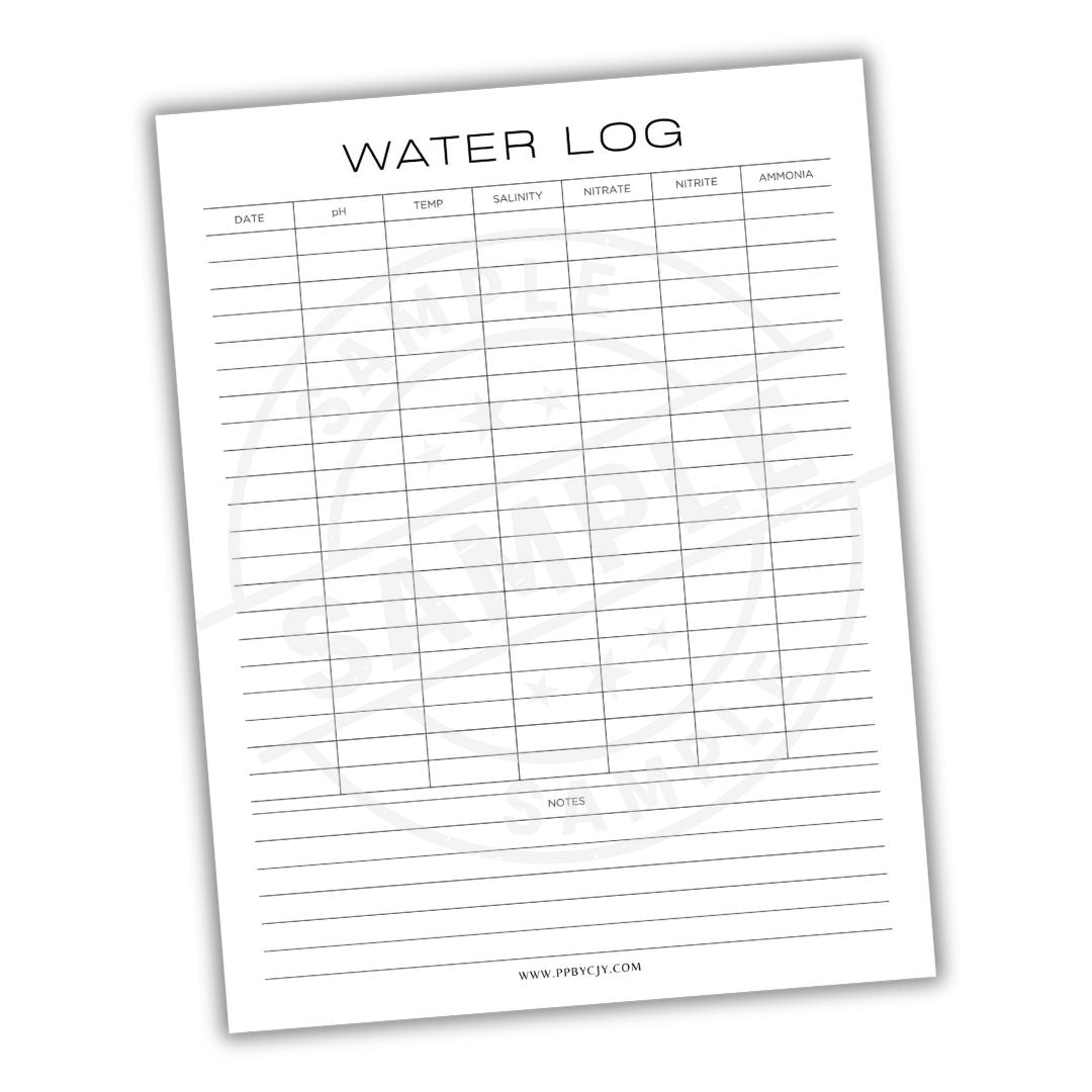 Water log sheet with columns for date, temperature, salinity, nitrate, and ammonia on a white background.