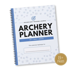 Archery Shot Training Journal - Archery Planner with a white cover, blue accents, and a gold '15+ Pages' badge, shown on a white background.