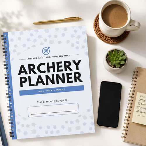 An Archery Shot Training Journal 'Archery Planner' displayed in a styled flat-lay arrangement on a white desk alongside a cup of coffee, a pen, a small succulent, a smartphone, and another notebook.