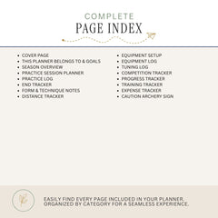 A page index preview for a planner, showing the title 'COMPLETE PAGE INDEX' at the top and a bulleted list of included page types and trackers below on a light beige background.