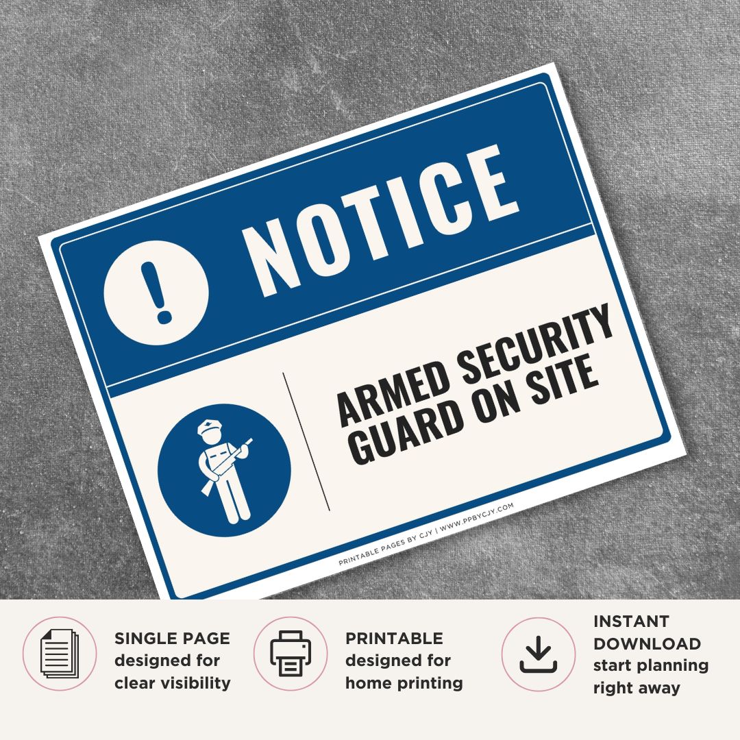 Printable Armed Security Guard On Site notice sign featuring a professional blue notice design, security guard symbol, and security presence message for businesses, facilities, and private properties.
