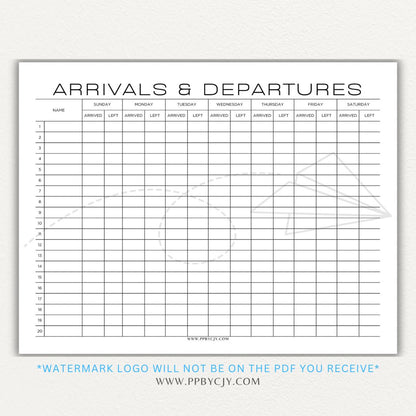 Arrival & Departure Printable PDF Template for Tracking Check-In and Check-Out Times
