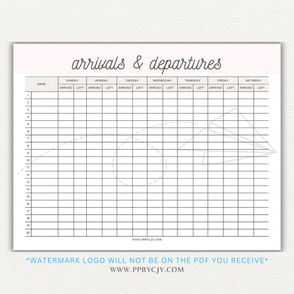 Arrival & Departure Printable PDF Template for Tracking Check-In and Check-Out Times