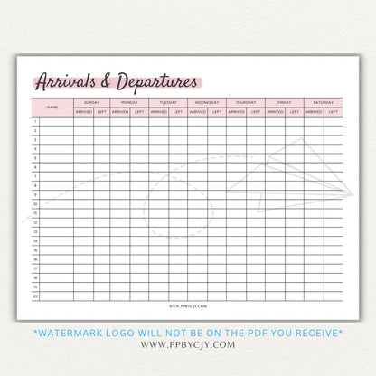 Arrival & Departure Printable PDF Template for Tracking Check-In and Check-Out Times