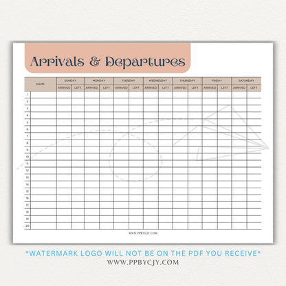 Arrival & Departure Printable PDF Template for Tracking Check-In and Check-Out Times