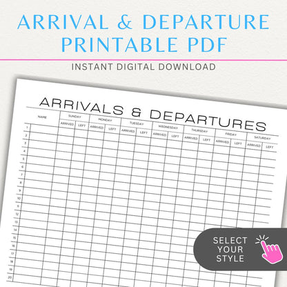 Arrival & Departure Printable PDF Template for Tracking Check-In and Check-Out Times