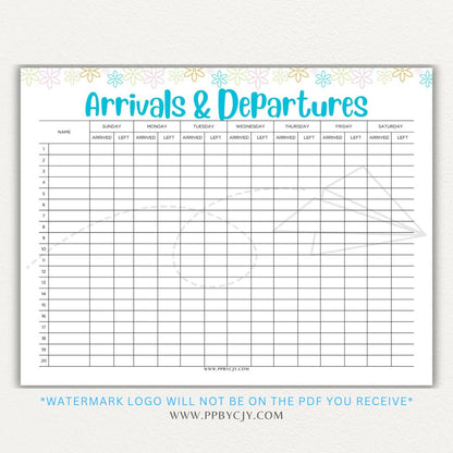 Arrival & Departure Printable PDF Template for Tracking Check-In and Check-Out Times