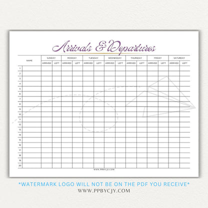 Arrival & Departure Printable PDF Template for Tracking Check-In and Check-Out Times