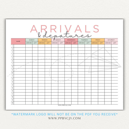 Arrival & Departure Printable PDF Template for Tracking Check-In and Check-Out Times