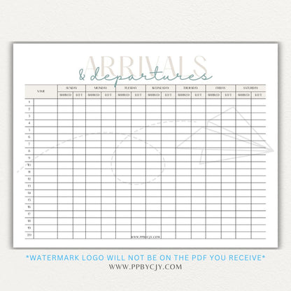 Arrival & Departure Printable PDF Template for Tracking Check-In and Check-Out Times