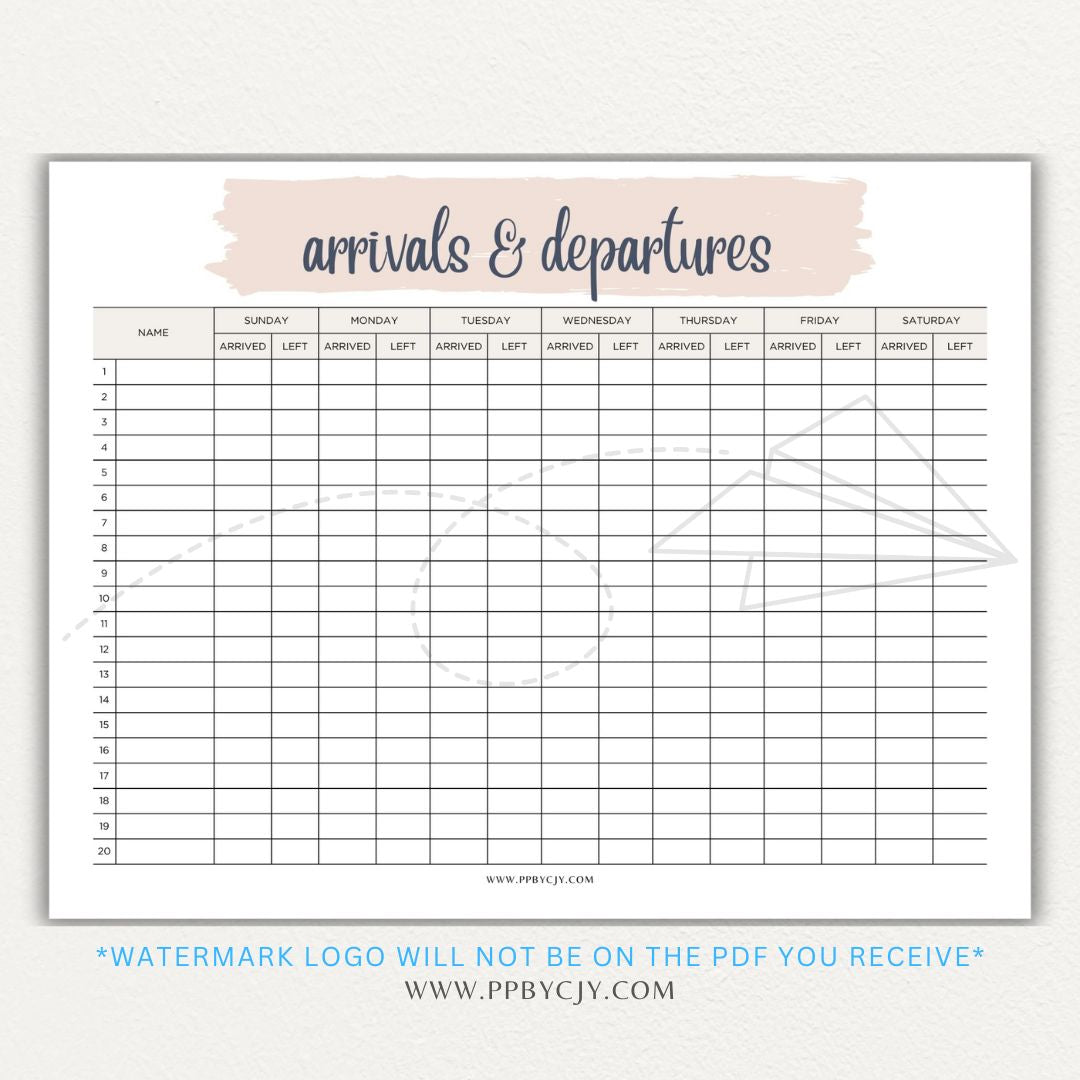 Arrival & Departure Printable PDF Template for Tracking Check-In and Check-Out Times