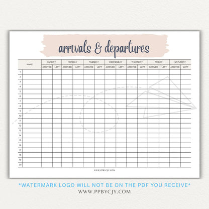 Arrival & Departure Printable PDF Template for Tracking Check-In and Check-Out Times