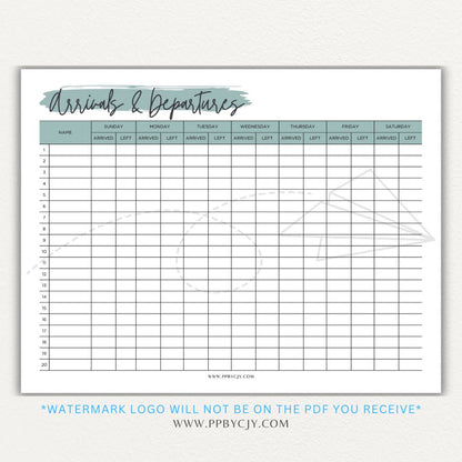 Arrival & Departure Printable PDF Template for Tracking Check-In and Check-Out Times