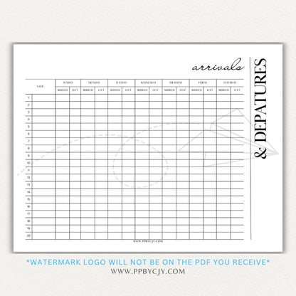 Arrival & Departure Printable PDF Template for Tracking Check-In and Check-Out Times