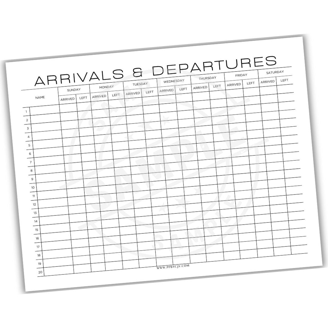 Sheet with 'Arrivals & Departures' log on a white background