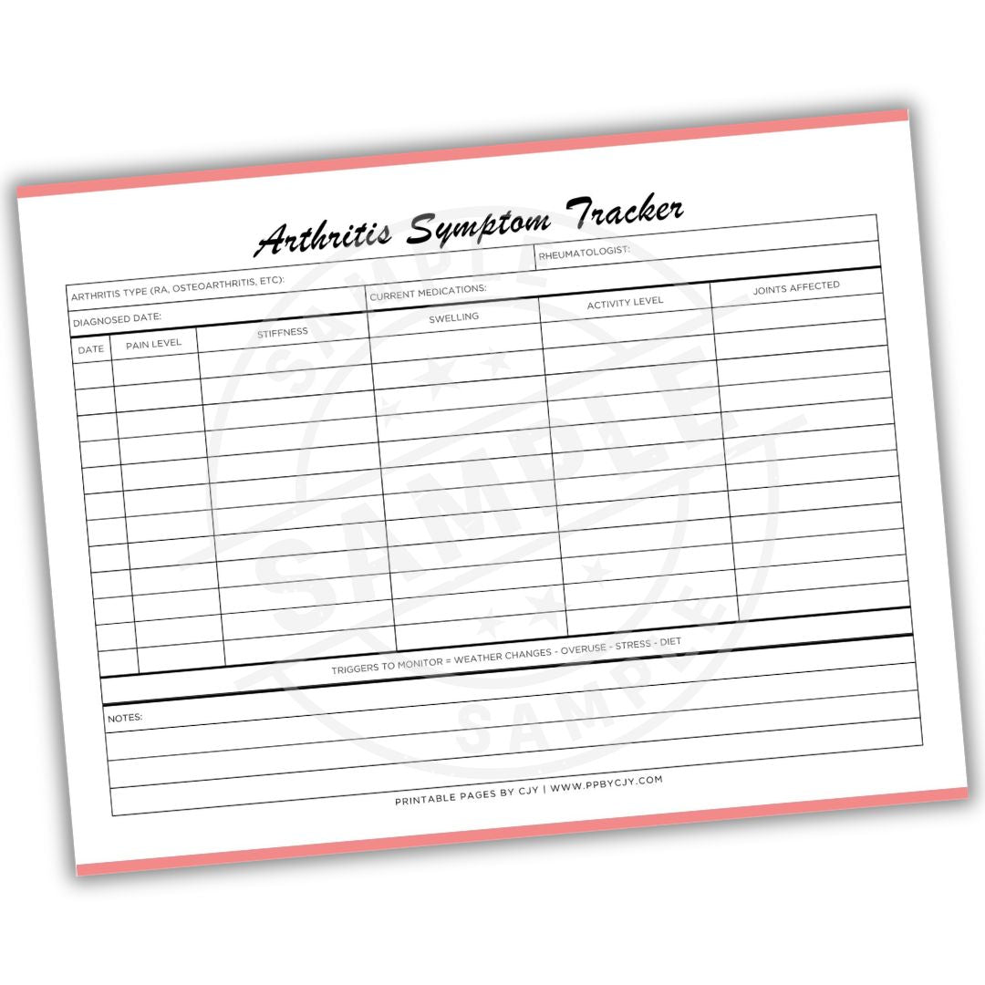 Arthritis Symptom Tracker sheet with a red border on a white background