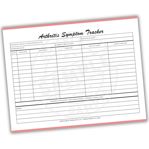 Arthritis Symptom Tracker sheet with a red border on a white background
