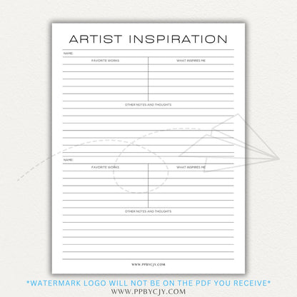 Artistic Inspirations Tracker Printable PDF Template for Recording Creative Ideas and Influences