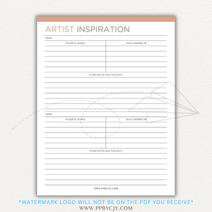 Artistic Inspirations Tracker Printable PDF Template for Recording Creative Ideas and Influences