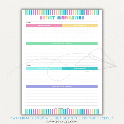 Artistic Inspirations Tracker Printable PDF Template for Recording Creative Ideas and Influences