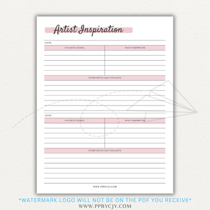 Artistic Inspirations Tracker Printable PDF Template for Recording Creative Ideas and Influences