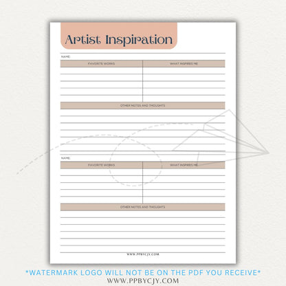 Artistic Inspirations Tracker Printable PDF Template for Recording Creative Ideas and Influences