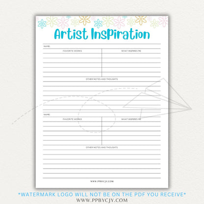 Artistic Inspirations Tracker Printable PDF Template for Recording Creative Ideas and Influences