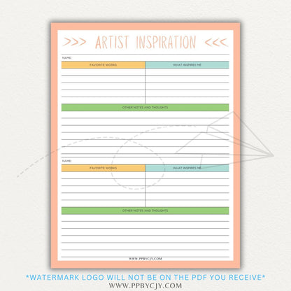 Artistic Inspirations Tracker Printable PDF Template for Recording Creative Ideas and Influences