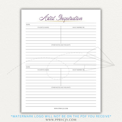 Artistic Inspirations Tracker Printable PDF Template for Recording Creative Ideas and Influences