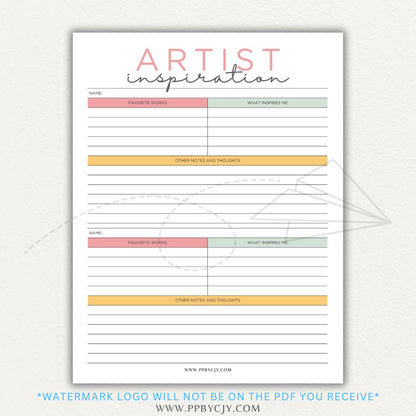 Artistic Inspirations Tracker Printable PDF Template for Recording Creative Ideas and Influences