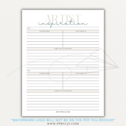 Artistic Inspirations Tracker Printable PDF Template for Recording Creative Ideas and Influences