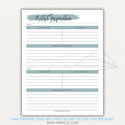 Artistic Inspirations Tracker Printable PDF Template for Recording Creative Ideas and Influences
