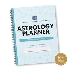 Astrology planner with a light blue cover, spiral binding on the left, and a gold circular badge in the bottom right corner that reads '10+ PAGES'.